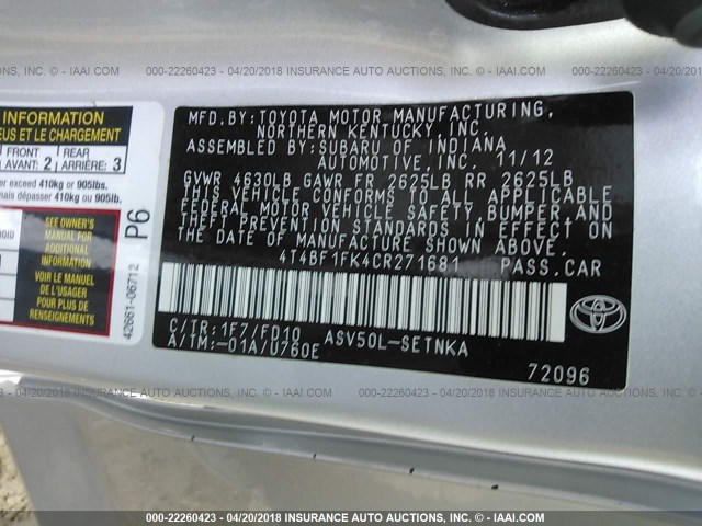 4T4BF1FK4CR271681 - 2012 TOYOTA CAMRY SE/LE/XLE 灰色 照片 9