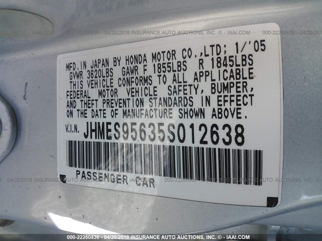 JHMES95635S012638 - 2005 HONDA CIVIC HYBRID BLUE photo 9