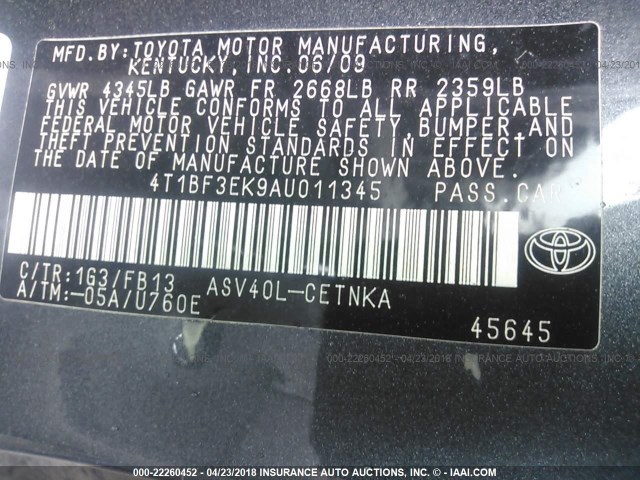 4T1BF3EK9AU011345 - 2010 TOYOTA CAMRY SE/LE/XLE BLACK photo 9