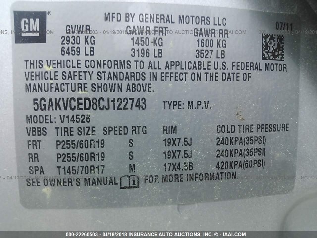 5GAKVCED8CJ122743 - 2012 BUICK ENCLAVE SILVER photo 9