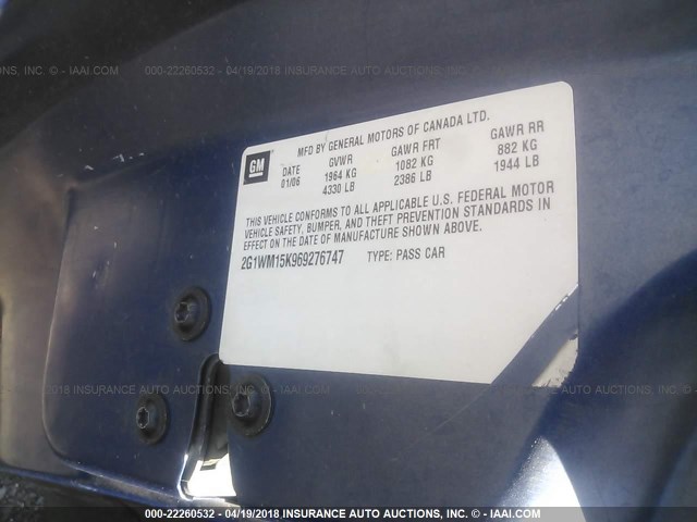 2G1WM15K969276747 - 2006 CHEVROLET MONTE CARLO LT BLUE photo 9