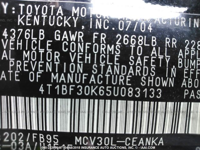 4T1BF30K65U083133 - 2005 TOYOTA CAMRY LE/XLE/SE 黑色 照片 9