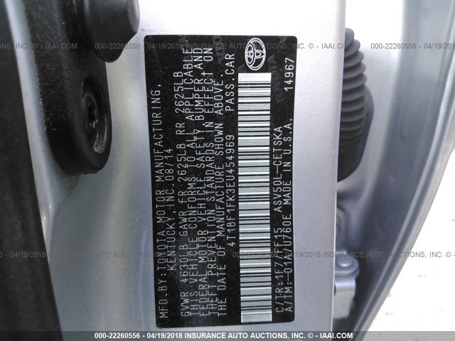 4T1BF1FK3EU454969 - 2014 TOYOTA CAMRY L/SE/LE/XLE 银色 照片 9