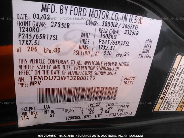 1FMDU73W13ZB00179 - 2003 FORD EXPLORER XLT/XLT SPORT/NBX BLACK photo 9