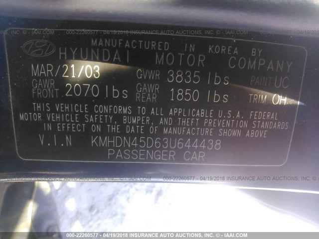 KMHDN45D63U644438 - 2003 HYUNDAI ELANTRA GLS/GT BLUE photo 9