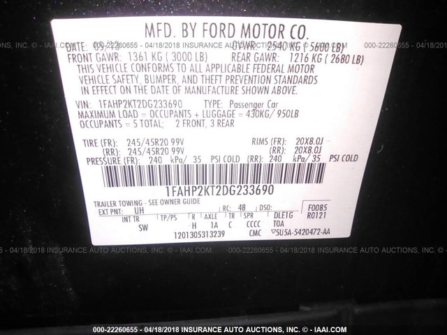 1FAHP2KT2DG233690 - 2013 FORD TAURUS SHO BLACK photo 9