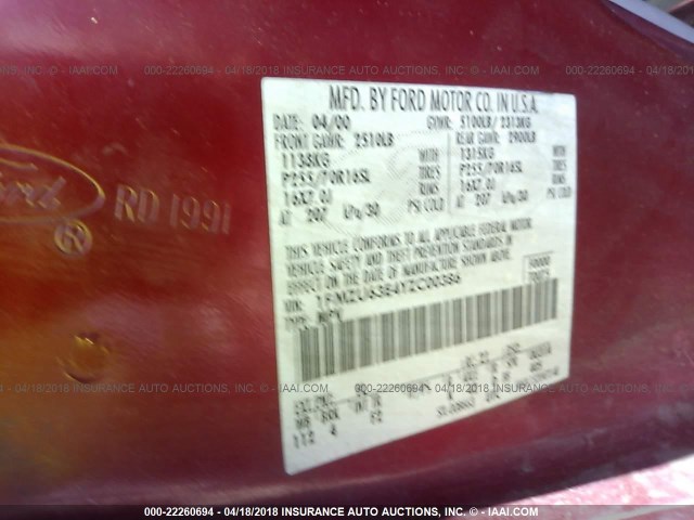 1FMZU63E4YZC00386 - 2000 FORD EXPLORER XLT BURGUNDY photo 9