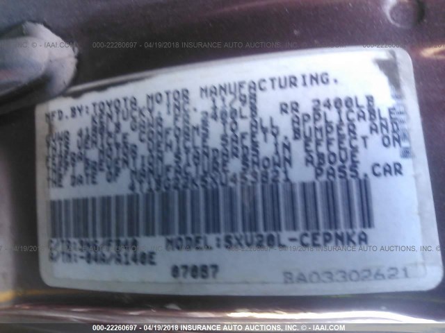 4T1BG22K5XU453821 - 1999 TOYOTA CAMRY CE/LE/XLE 栗色 照片 9