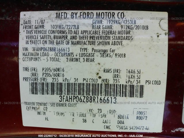 3FAHP06Z88R166613 - 2008 FORD FUSION S RED photo 9