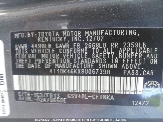 4T1BK46KX8U067398 - 2008 TOYOTA CAMRY LE/XLE/SE ნაცრისფერი ფოტო 9