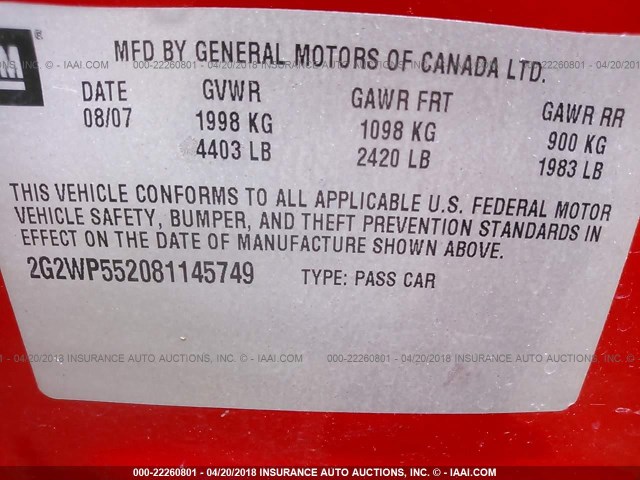 2G2WP552081145749 - 2008 PONTIAC GRAND PRIX Qırmızı foto 9