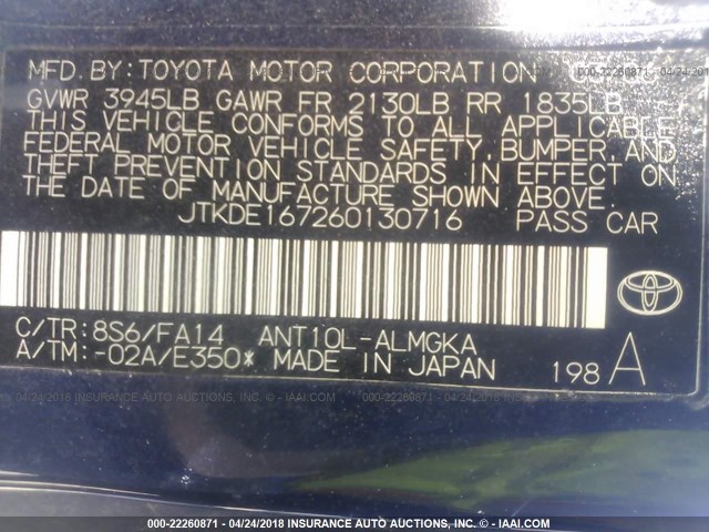 JTKDE167260130716 - 2006 TOYOTA SCION TC 蓝色 照片 9