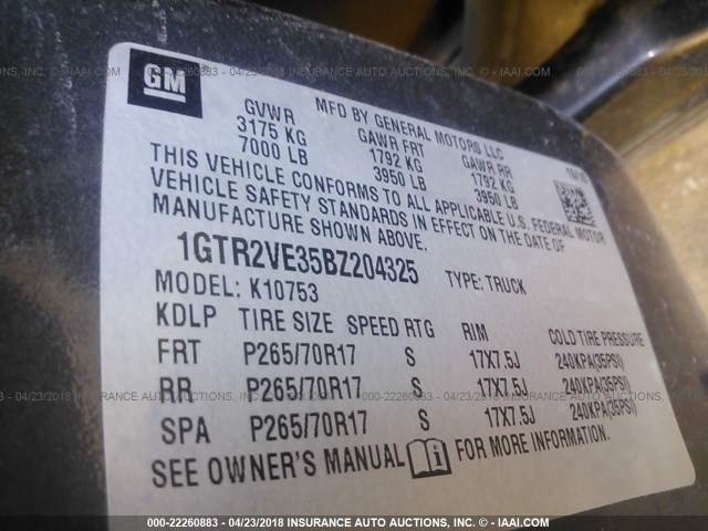 1GTR2VE35BZ204325 - 2011 GMC SIERRA K1500 SLE GRAY photo 9