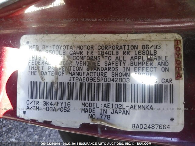 JT2AE09E5P0042803 - 1993 TOYOTA COROLLA LE/DX RED photo 9