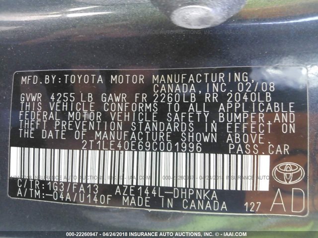 2T1LE40E69C001996 - 2009 TOYOTA COROLLA MATRIX S GRAY photo 9