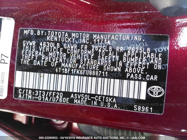 4T1BF1FK6FU888711 - 2015 TOYOTA CAMRY LE/XLE/SE/XSE მუქწითელი ფოტო 9