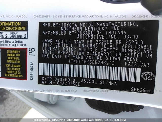 4T4BF1FK6DR296213 - 2013 TOYOTA CAMRY L/SE/LE/XLE 白色 照片 9