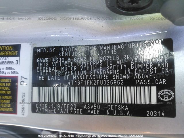 4T1BF1FK2FU026862 - 2015 TOYOTA CAMRY LE/XLE/SE/XSE SILVER photo 9