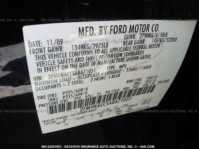 2FMHK6CC5ABA71051 - 2010 FORD FLEX SEL ლურჯი ფოტო 9