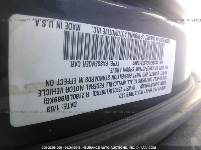 4S3BE635437210892 - 2003 SUBARU LEGACY L/L SPECIAL BLUE photo 9