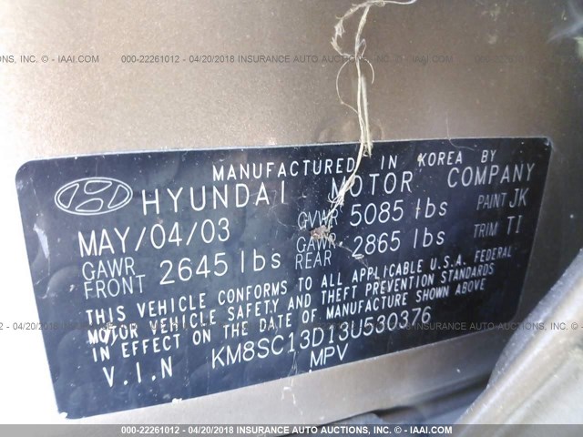 KM8SC13D13U530376 - 2003 HYUNDAI SANTA FE GLS/LX GOLD photo 9