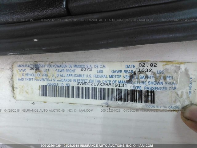 3VWDC21VX2M809131 - 2002 VOLKSWAGEN CABRIO GLX 白色 照片 9