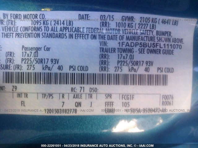 1FADP5BU5FL111070 - 2015 FORD C-MAX SEL BLUE photo 9