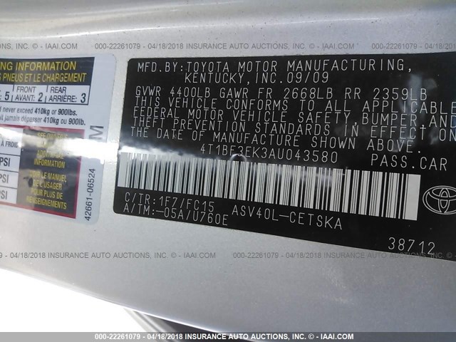 4T1BF3EK3AU043580 - 2010 TOYOTA CAMRY SE/LE/XLE SILVER photo 9