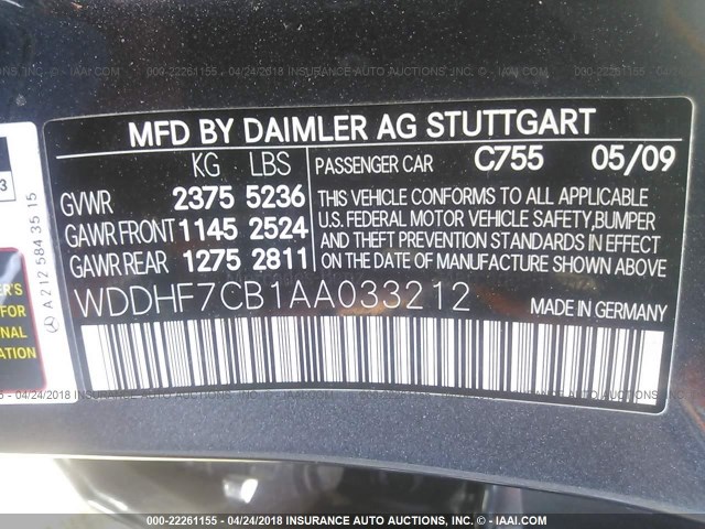 WDDHF7CB1AA033212 - 2010 MERCEDES-BENZ E 550 GRAY photo 9