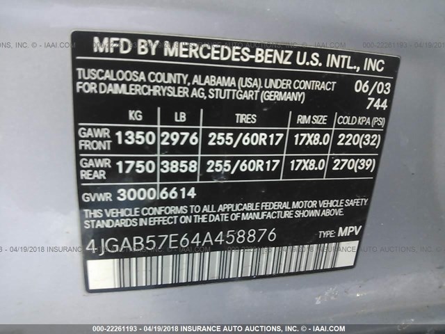 4JGAB57E64A458876 - 2004 MERCEDES-BENZ ML 350 SILVER photo 9