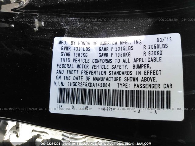 1HGCR2F5XDA145064 - 2013 HONDA ACCORD SPORT 黑色 照片 9