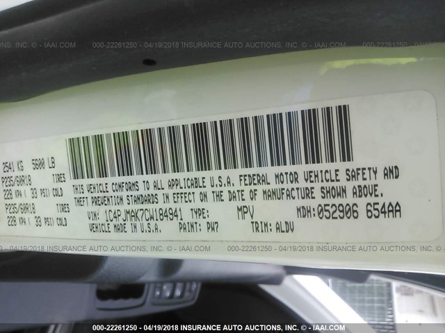 1C4PJMAK7CW184941 - 2012 JEEP LIBERTY SPORT თეთრი ფოტო 9