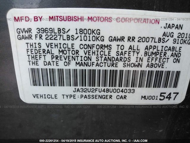 JA32U2FU4BU004033 - 2011 MITSUBISHI LANCER ES/ES SPORT GRAY photo 9