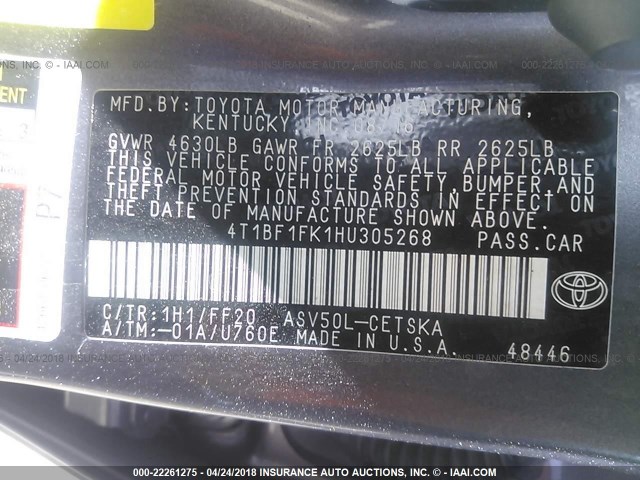 4T1BF1FK1HU305268 - 2017 TOYOTA CAMRY LE/XLE/SE/XSE GRAY photo 9