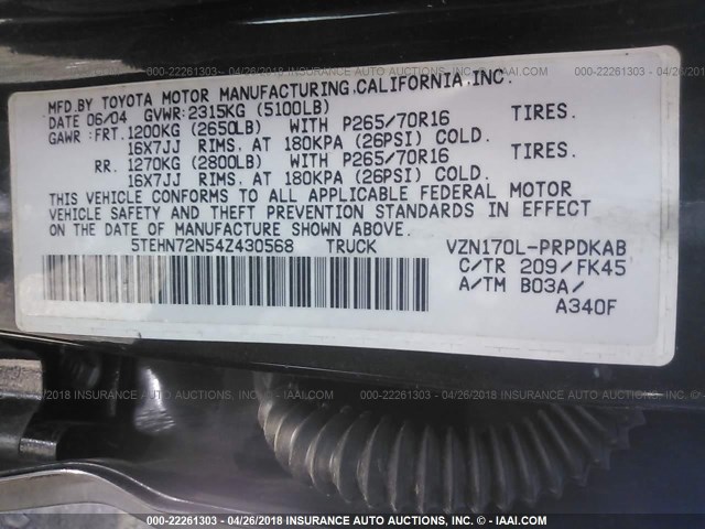 5TEHN72N54Z430568 - 2004 TOYOTA TACOMA DOUBLE CAB BLACK photo 9