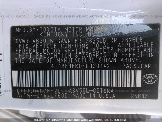 4T1BF1FK0EU330142 - 2014 TOYOTA CAMRY L/SE/LE/XLE 白色 照片 9