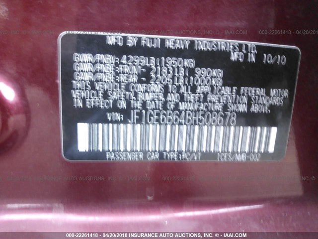 JF1GE6B64BH508678 - 2011 SUBARU IMPREZA 2.5I PREMIUM 红色 照片 9