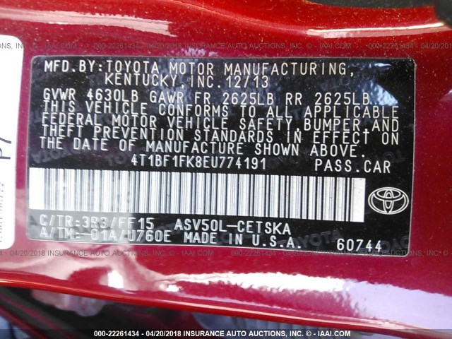 4T1BF1FK8EU774191 - 2014 TOYOTA CAMRY L/SE/LE/XLE RED photo 9