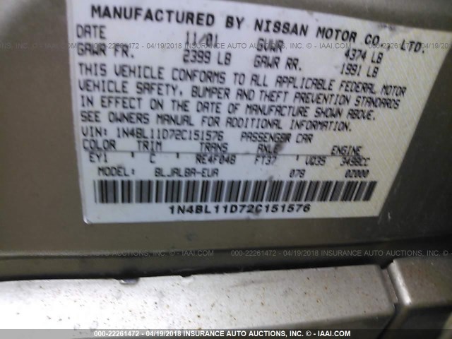 1N4BL11D72C151576 - 2002 NISSAN ALTIMA SE GOLD photo 9