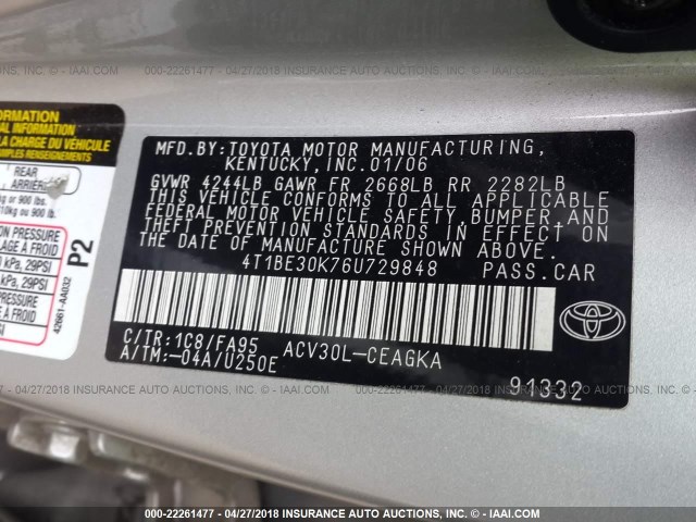4T1BE30K76U729848 - 2006 TOYOTA CAMRY LE/XLE/SE SILVER photo 9