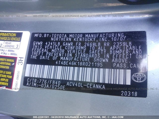 4T4BE46K18R021195 - 2008 TOYOTA CAMRY CE/LE/XLE/SE GREEN photo 9