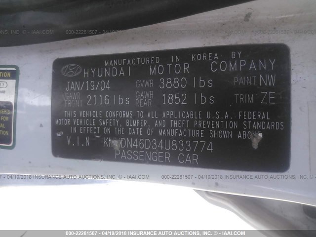 KMHDN46D34U833774 - 2004 HYUNDAI ELANTRA GLS/GT WHITE photo 9