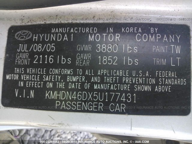 KMHDN46DX5U177431 - 2005 HYUNDAI ELANTRA GLS/GT SILVER photo 9