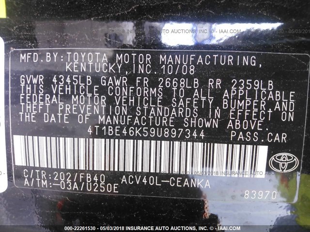 4T1BE46K59U897344 - 2009 TOYOTA CAMRY SE/LE/XLE BLACK photo 9