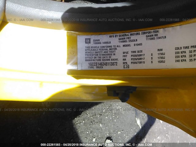 1GCCS146248113872 - 2004 CHEVROLET COLORADO YELLOW photo 9