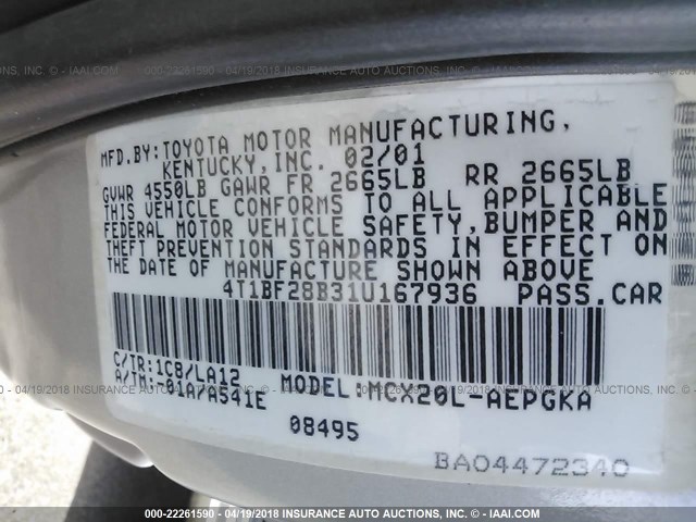 4T1BF28B31U167936 - 2001 TOYOTA AVALON XL/XLS SILVER photo 9