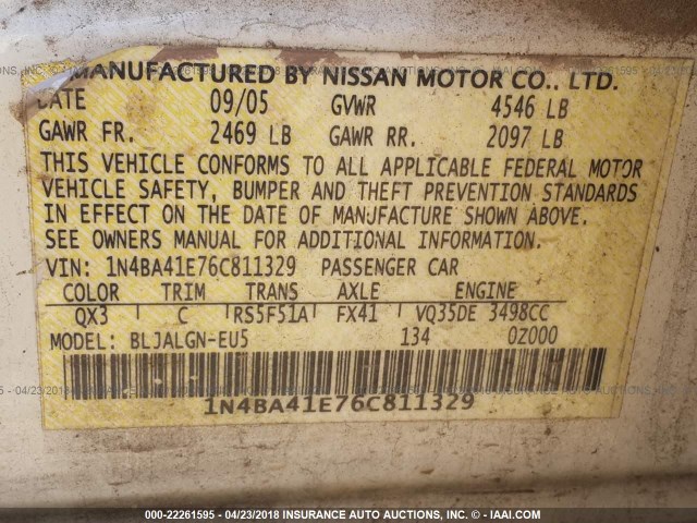 1N4BA41E76C811329 - 2006 NISSAN MAXIMA SE/SL WHITE photo 9