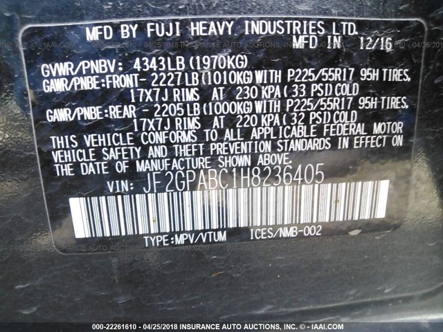 JF2GPABC1H8236405 - 2017 SUBARU CROSSTREK PREMIUM ლურჯი ფოტო 9