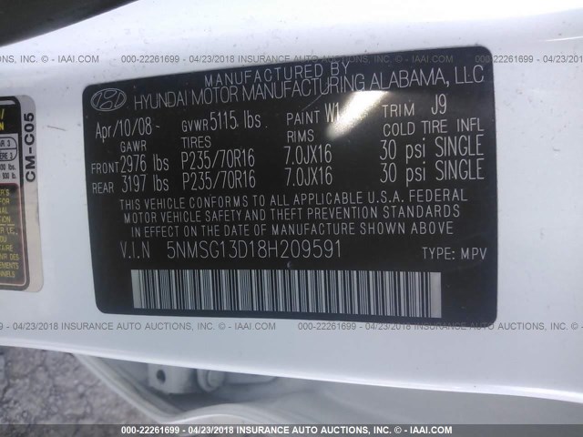 5NMSG13D18H209591 - 2008 HYUNDAI SANTA FE GLS WHITE photo 9