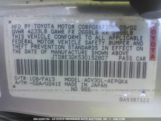 JTDBE32K530152807 - 2003 TOYOTA CAMRY LE/XLE SILVER photo 9